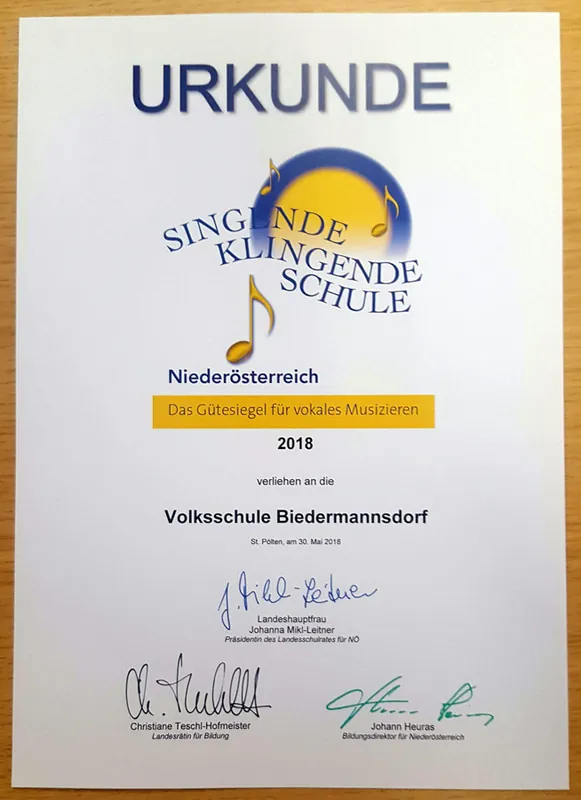 Urkunde Singende, klingende Schule