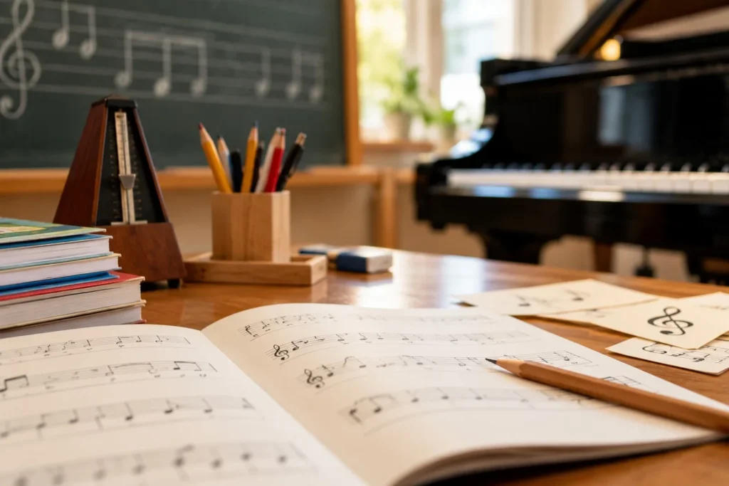 Musikkunde – Noten, Musikbücher und Klavier